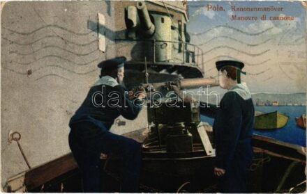 1914 Pola, Pula; K.u.K. Kriegsmarine, Kanonenmanöver / Manovre di cannone / Austro-Hungarian Navy, cannon maneuvers, mariners. Dep. A. Bonetti 1910. (fl)