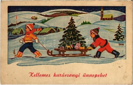 1941 Kellemes Karácsonyi Ünnepeket, szánkózó gyerekek / Christmas greeting, sledding children