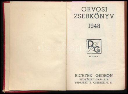 1948 Orvosi zsebkönyv, Richter Gedeon Vegyészeti Gyár Rt., benne a Richter gyár látképe és készítményeinek jegyzéke. Bp., Posner-ny. Egészvászon-kötésben, festett lapélekkel.