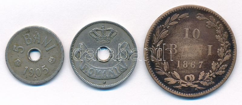 Románia 1867. 10b Cu + 1905. 5b Cu-Ni + 1906. 10b Cu-Ni T:2- ü. ph Romania 1867. 10 Bani Cu + 1905. 5 Bani Cu-Ni + 1906. 10 Bani Cu-Ni C:VF ding, edge error