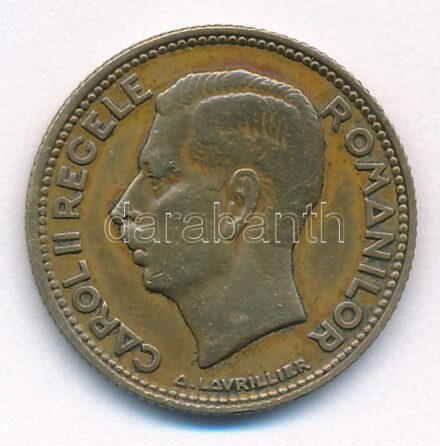 Románia 1930. 10L sárgaréz 'II. Károly' T:2,2- patina Romania 1930. 10 Lei brass 'Carol II' C:XF,VF patina Krause KM#49