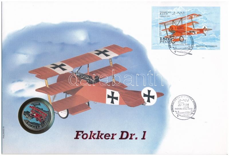 Kuba 1994. 1P Cu-Ni multicolor 'Fokker' érmés borítékban, bélyegzéses bélyeggel T:1 Cuba 1994. Cu-Ni multicolor 'Fokker' in coin envelope with stamp and cancellation C:UNC Krause KM# 460