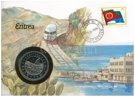 Eritrea 1993. 1$ Cu-Ni 'Függetlenség Napja' forgalomba nem került emlékkiadás felbélyegzett borítékban, bélyegzéssel, német nyelvű leírással T:1 Eritrea 1993. 1 Dollar Cu-Ni 'Independence Day' non-circulating commemorative coin in