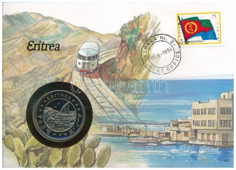 Eritrea 1993. 1$ Cu-Ni 'Függetlenség Napja' forgalomba nem került emlékkiadás felbélyegzett borítékban, bélyegzéssel, német nyelvű leírással T:1 Eritrea 1993. 1 Dollar Cu-Ni 'Independence Day' non-circulating commemorative coin in