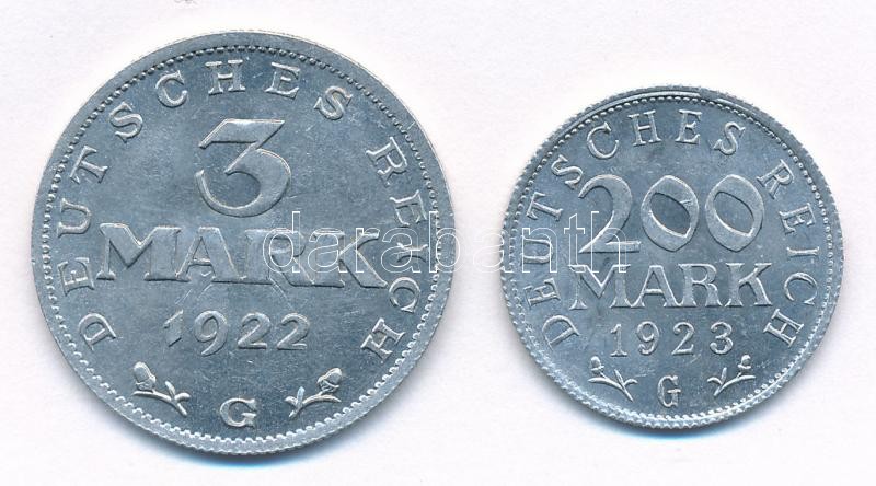 Németország / Weimari Köztársaság 1922G 3M Al '3 éves weimari alkotmány' forgalmi emlékérme + 1923G 200M Al T:2 kis patina Germany / Weimar Republic 1922G 3 Mark Al '3 Years of Weimar Constitution' circulating commemorative coin + 1923G