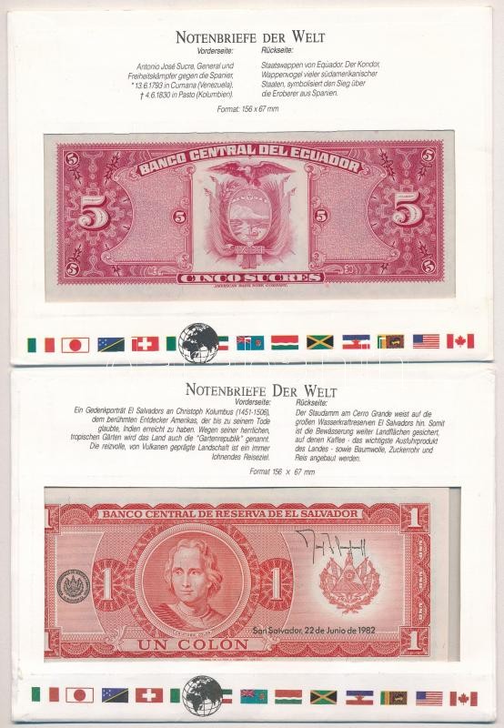 Ecuador 1983. 5S + El Salvador 1982. 1C, mindkettő bankjegyes borítékban T:I Ecuador 1983. 5 Sucres + El Salvador 1982. 1 Colon, both in banknote envelope C:UNC - Image 2
