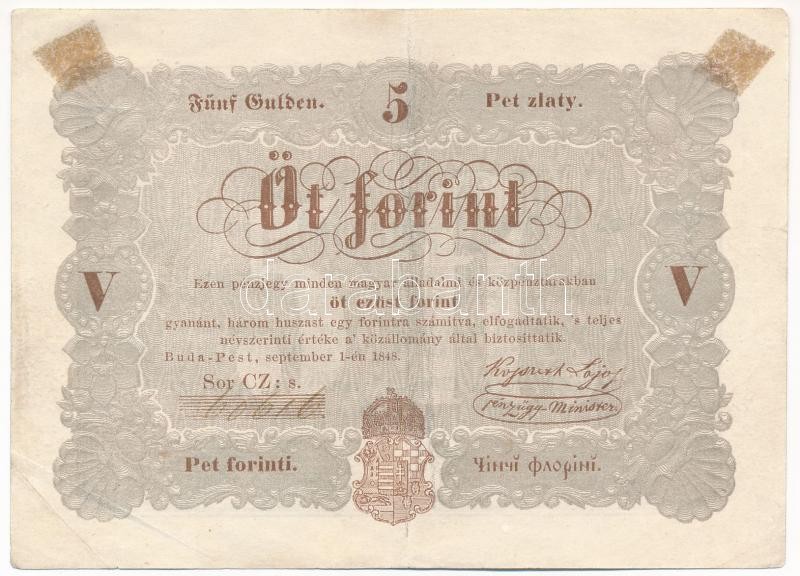 1848. 5Ft 'Kossuth bankó' barna nyomat 'CZ:s 60616' T:III ragasztónyomok Adamo G109A