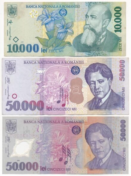 Románia 1999-2001. 10.000L-50.000L (3xklf) T:III folt, az egyiken kis ceruzás firka Romania 1999-2001. 10.000 Lei - 50.000 Lei (3xdiff) C:F spot, small pencil doodle on one of them