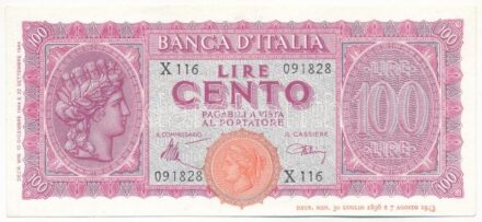 Olaszország 1944. 100L 'X 116 091828' T:III szép papír Italy 1944. 100 Lire 'X 116 091828' C:F fine paper Krause P#75
