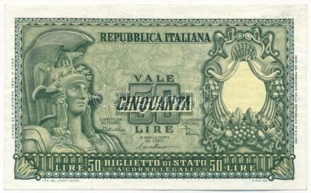Olaszország 1951. 50L '3291 084732' T:III szép papír Italy 1951. 50 Lire '3291 084732' C:F fine paper Krause P#91