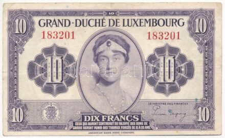 Luxemburg 1944. 10Fr '183201' T:III Luxembourg 1944. 10 Francs '183201' C:F Krause P#44