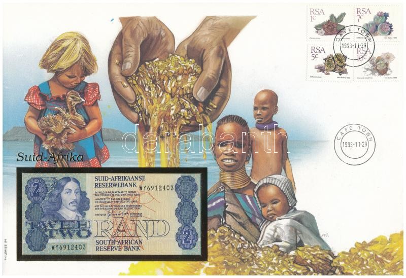 Dél-Afrika DN (1990) 2R felbélyegzett borítékban, bélyegzéssel T:I South-Afrika ND (1990) 2 Rand in envelope with stamp and cancellation C:UNC