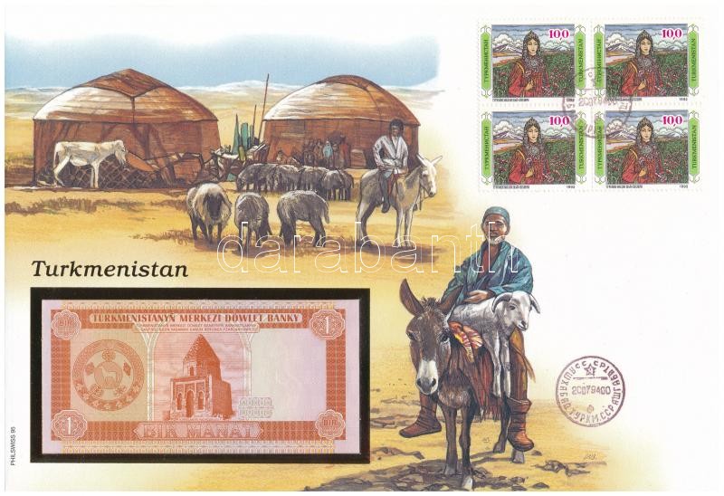 Türkmenisztán 1993. 1M felbélyegzett borítékban, bélyegzéssel T:1 Turkmenistan 1993. 1 Manat in envelope with stamp and cancellation C:UNC