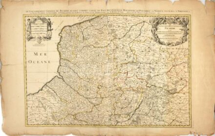 Le Gouvernement General De Picardie, ou sont le Pays Reconquis, Le Bulenois, Le Ponthieu, l'Amienois, Le Santerre, Le Vermandois et Le Tierrache. Alexis-Hubert Jaillot. 1692. Színezett rézmetszetű térkép Franciaroszág Picardia