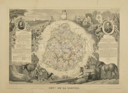 cca 1850 Départment du Sarthe (Franciaország) megye térképe, Atlas National Illustre, 42x28 cm. beszakadással / cca 1850 Map of Départment du Sarthe (France), Atlas National Illustre, with tear 42x28 cm