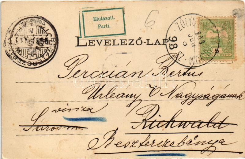 1903 Besztercebánya, Banská Bystrica; Béla király tér a toronyból nézve. Ivánszky Elek kiadása / square + 'ZÓLYOMBRÉZÓ-ZÓLYOM 98 SZ.' vasúti mozgóposta - Image 2