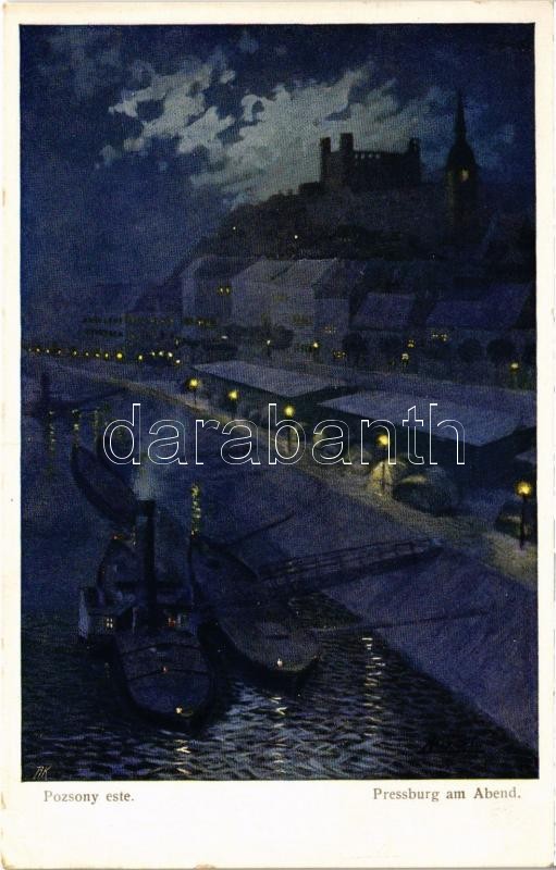Pozsony, Pressburg, Bratislava; rakpart este / am Abend / at night. B.K.W.I. 386-1.
