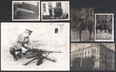 6 db vegyes katonai fotó: II. világháborús magyar katonák, Magyar Néphadsereg tisztje állványos géppuskával, 8,5x6 cm és 21x15 cm között