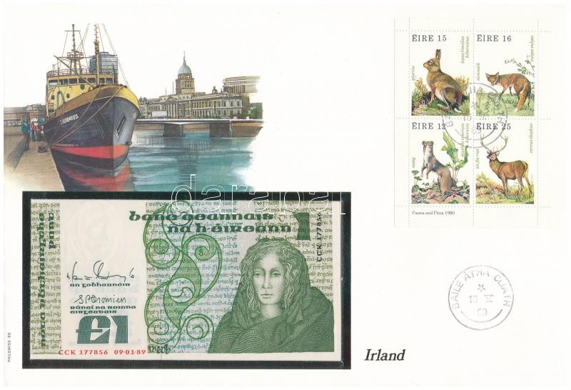 Írország 1989.01.09. 1P felbélyegzett borítékban, bélyegzéssel T:1 Ireland 09.01.1989. 1 Pound in envelope with stamp and cancellation C:UNC