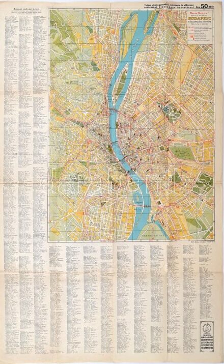 cca 1940 Stoits György: Mere menjek? Budapest közlekedési térképe teljes utcajegyzékkel, 60x95 cm