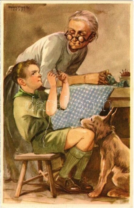 A cserkész feljebbvalóinak jószívvel engedelmeskedik. Cserkész levelezőlapok kiadóhivatal / Hungarian scout boy art postcard s: Márton L.