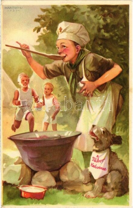 A cserkész híven teljesíti kötelességét. Cserkész levelezőlapok kiadóhivatal / Hungarian scout boy art postcard s: Márton L.