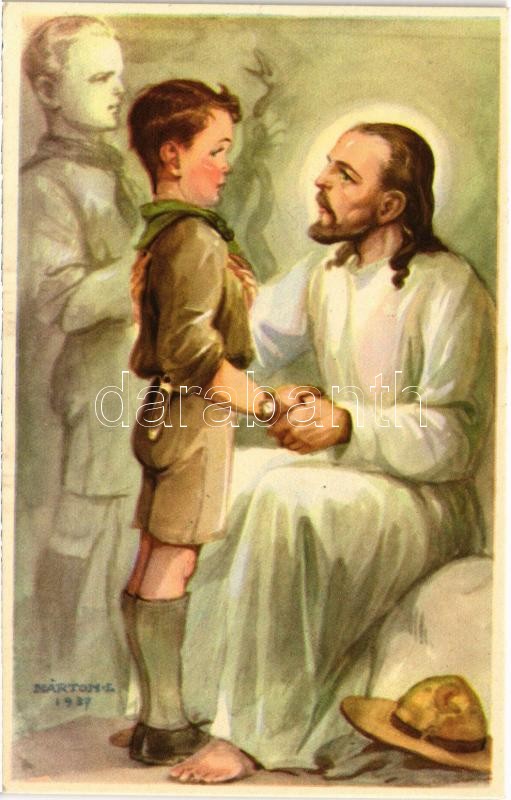 A cserkész feltétlenül igazat mond. Cserkész levelezőlapok kiadóhivatal / Hungarian scout boy art postcard s: Márton L.