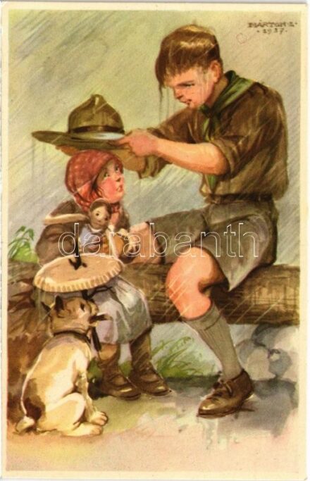 A cserkész másokkal szemben gyöngéd, magával szemben szigorú. Cserkész levelezőlapok kiadóhivatal / Hungarian scout boy art postcard s: Márton L.
