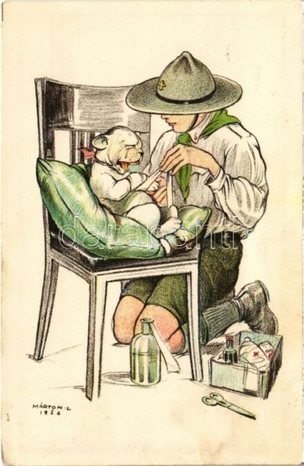 A cserkész ahol tud, segít. Kiadja a Magyar Cserkészszövetség Nagytábortanácsa 1926 / Hungarian scout boy art postcard s: Márton L. (EK)