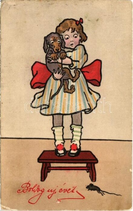 1909 Boldog új évet! Kislány tacskóval / New Year greetin, girl with Dachshund dog. H. & L. Nr. 703. (EK)