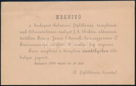 1890 Bp., Meghívó a budapest-belvárosi főplébánia templomának fölszentelésére, közepén törésnyommal