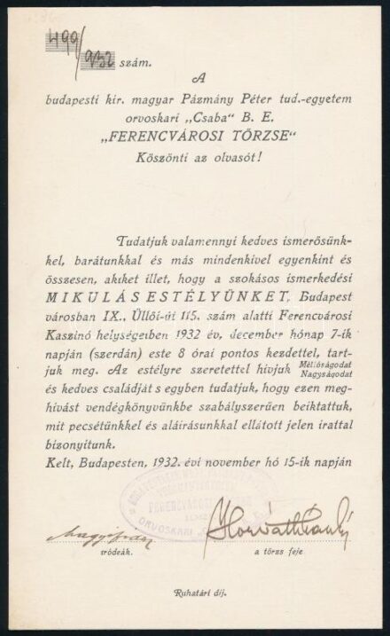 1932 Bp., meghívó a budapesti kir. m. Pázmány Péter Tudományegyetem orvoskari 'Csaba' B.E. 'Ferencvárosi törzse' által szervezett mikulásestélyre