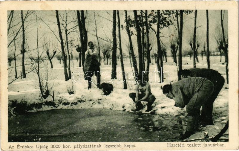 Harctéri toalett januárban. Az Érdekes Újság 3000 kor. pályázatának legszebb képei / WWI K.u.k. military, soldiers washing up in January