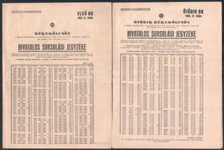 1961 Bp., Békekölcsön hivatalos sorsolási jegyzéke (Első, Ötödik, Hatodik BK), 1961. II. félév, Országos Takarékpénztár, 4+4 p.