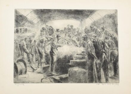 Aszódi Weil Erzsébet (1901-1976): Hegesztők. Rézkarc, papír, jelzett, lap széle kissésérült. 32×45 cm