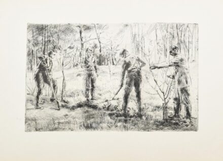 Aszódi Weil Erzsébet (1901-1976): Faültetők (cím nélkül). Rézkarc, papír, jelzés nélkül. Lap széle kissé sérült. 24,5×39 cm