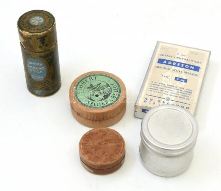 5 db különféle régi doboz (Baeder Shaving Stick, Pariser Hafteln, stb.)