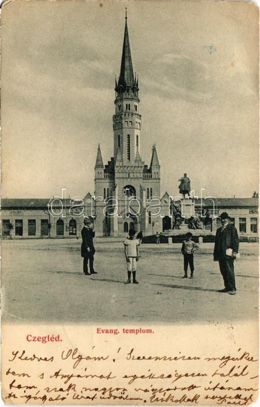 1906 Cegléd, Evangélikus templom, üzletek, sóraktár. Nagy Elek kiadása (EK)