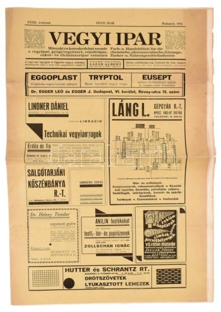 1933 Vegyi Ipar XXXII. évf. 2. sz., magyar és német nyelven, korabeli hirdetésekkel, apró szakadásokkal, 12 p.