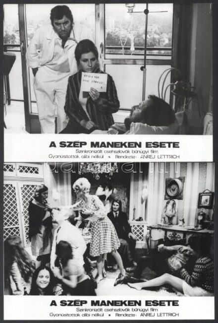 cca 1989 előtt készült ,,A szép maneken esete' című csehszlovák bűnügyi film jelenetei és szereplői, 17 db vintage produkciós filmfotó, ezüst zselatinos fotópapíron, 18x24 cm