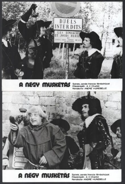 cca 1974 ,,A négy muskétás' című francia filmbohózat jelenetei és szereplői (köztük a 4 Charlot), 9 db vintage produkciós filmfotó, ezüst zselatinos fotópapíron, 18x24 cm