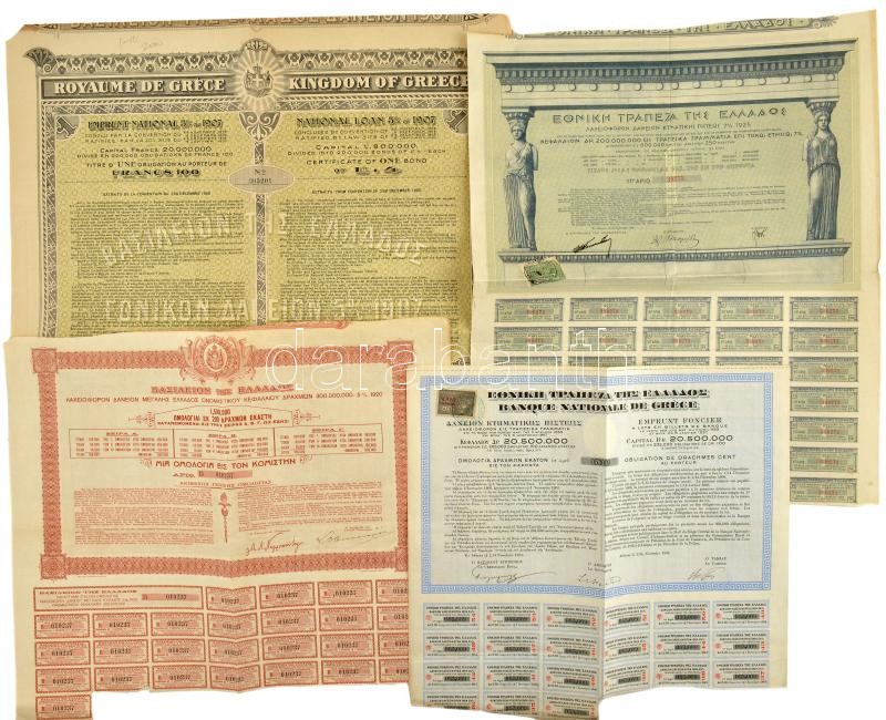 Görögország 1904-1925. 4db klf részvény, kötvény szelvényekkel, bélyegekkel, bélyegzésekkel T:III Greece 1904-1925. 4pcs of diff shares, bonds with coupons, stamps and cancellations C:F