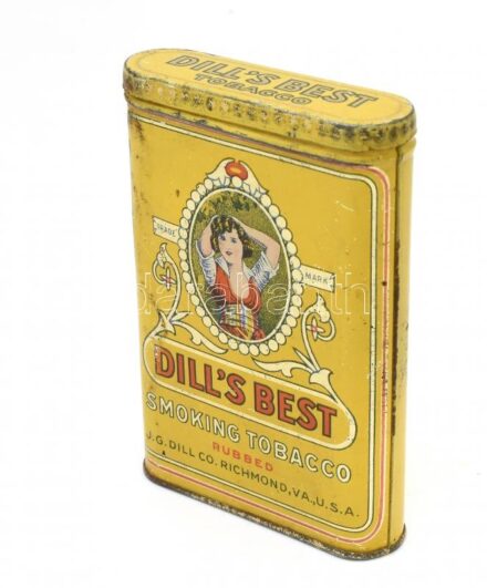 Dill's Best Tobacco, régi amerikai fém pipadohányos doboz, kissé kopottas, 11x7,5x2 cm / Dill's Best Tobacco, vintage U.S. pipe tobacco tin box, with slight wear