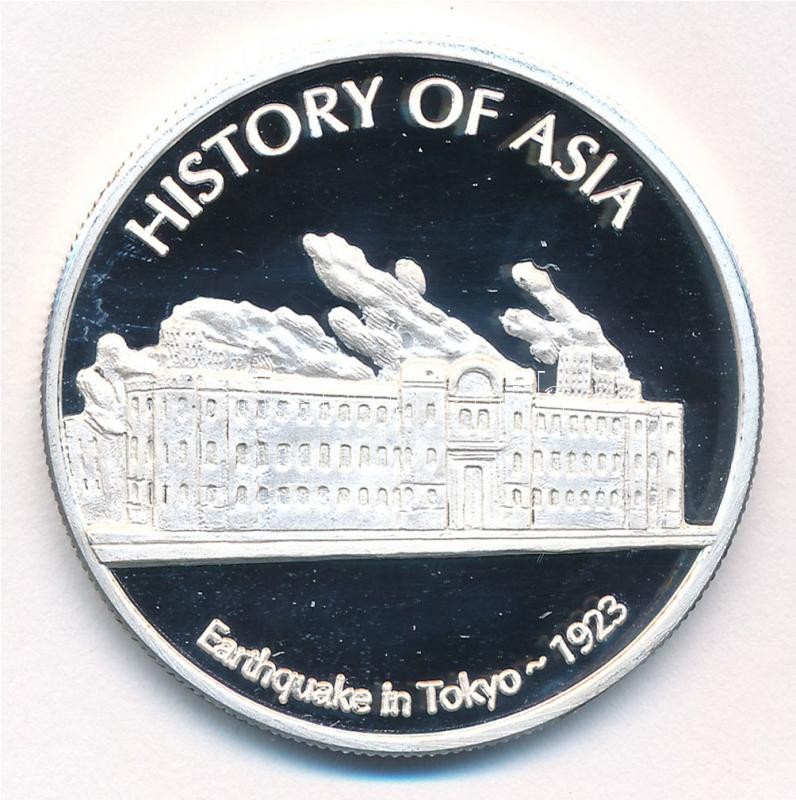 Cook-szigetek 2005. 1$ ezüstözött sárgaréz 'Ázsia történelme-Tokiói földrengés' kapszulában, tanúsítvánnyal T:PP Cook Islands 2005. 1 Dollar silver plated brass 'History of Asia - Earthquake in Tokyo' in capsule with certificate C:PP