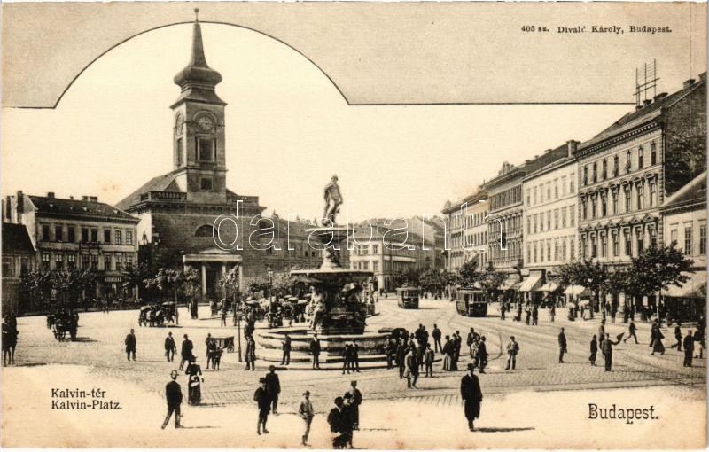Budapest IX. Kálvin tér, templom, villamosok, szökőkút, Korinek A.H. üzlete. Divald Károly 405. (fl)