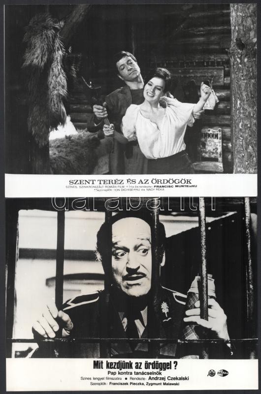 ,,Ördögös filmek', eltérő időben, külföldön készült filmek jelenetei, 6 db vintage produkciós filmfotó, ezüst zselatinos fotópapíron, a használatból eredő - esetleges - kisebb hibákkal, 18x24 cm