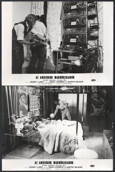 cca 1971 ,,Az Anderson magnószalagok' című amerikai bűnügyi film jelenetei és szereplői (köztük Sean Connery és Martin Balsam), 9 db vintage produkciós filmfotó, ezüst zselatinos fotópapíron, a használatból eredő - esetleges -