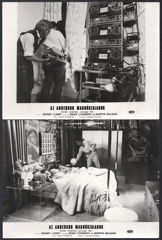 cca 1971 ,,Az Anderson magnószalagok' című amerikai bűnügyi film jelenetei és szereplői (köztük Sean Connery és Martin Balsam), 9 db vintage produkciós filmfotó, ezüst zselatinos fotópapíron, a használatból eredő - esetleges -