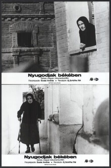 cca 1983 ,,Nyugodjak békében' című magyar dokumentumfilm jelenetei és szereplői, 5 db vintage produkciós filmfotó, ezüst zselatinos fotópapíron, a használatból eredő - esetleges - kisebb hibákkal, 18x24 cm