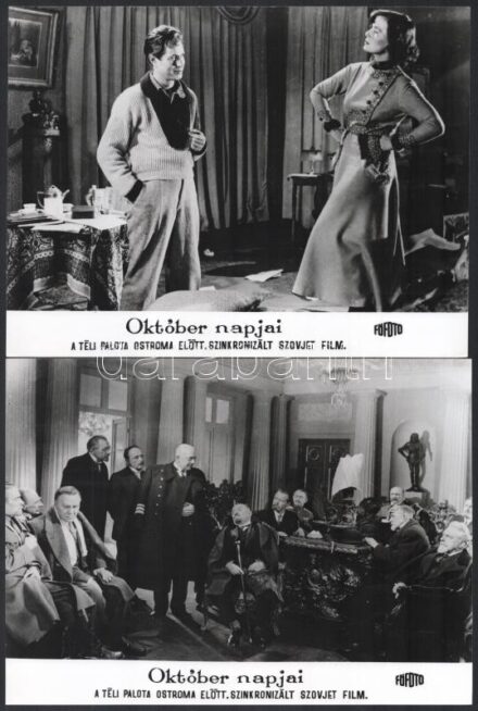 cca 1957 ,,Október napjai - a Téli palota ostroma előtt' című szovjet film jelenetei és szereplői, 13 db vintage produkciós filmfotó, ezüst zselatinos fotópapíron, a használatból eredő - esetleges - kisebb hibákkal, 18x24 cm